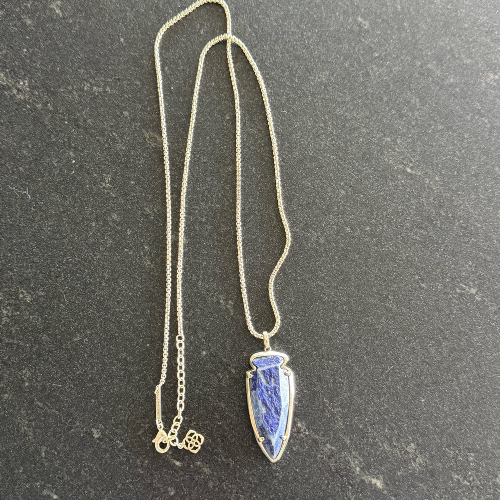 Kendra Scott Blue Stone Arrowhead Pendant Necklace Long Gold Chain